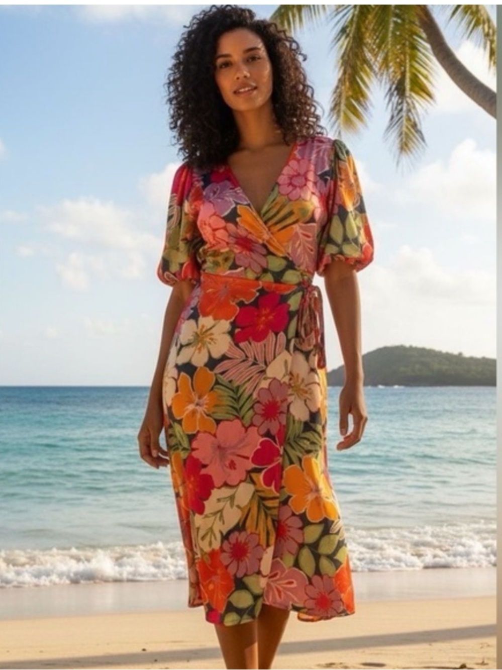 Dress Forum Blogger Famous Bright Pink, Green, Tropical Floral Wrap Midi Dress